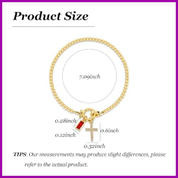 Gold Beaded Stretch Bracelet with Cross Charm and Birthstone - Picture 7 of 8